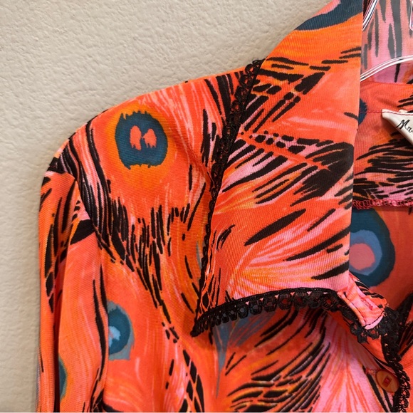 Vintage 70s/80s Mr. Stan Peacock Feather Print Button Down Woven Rayon Blend L - Picture 9 of 15